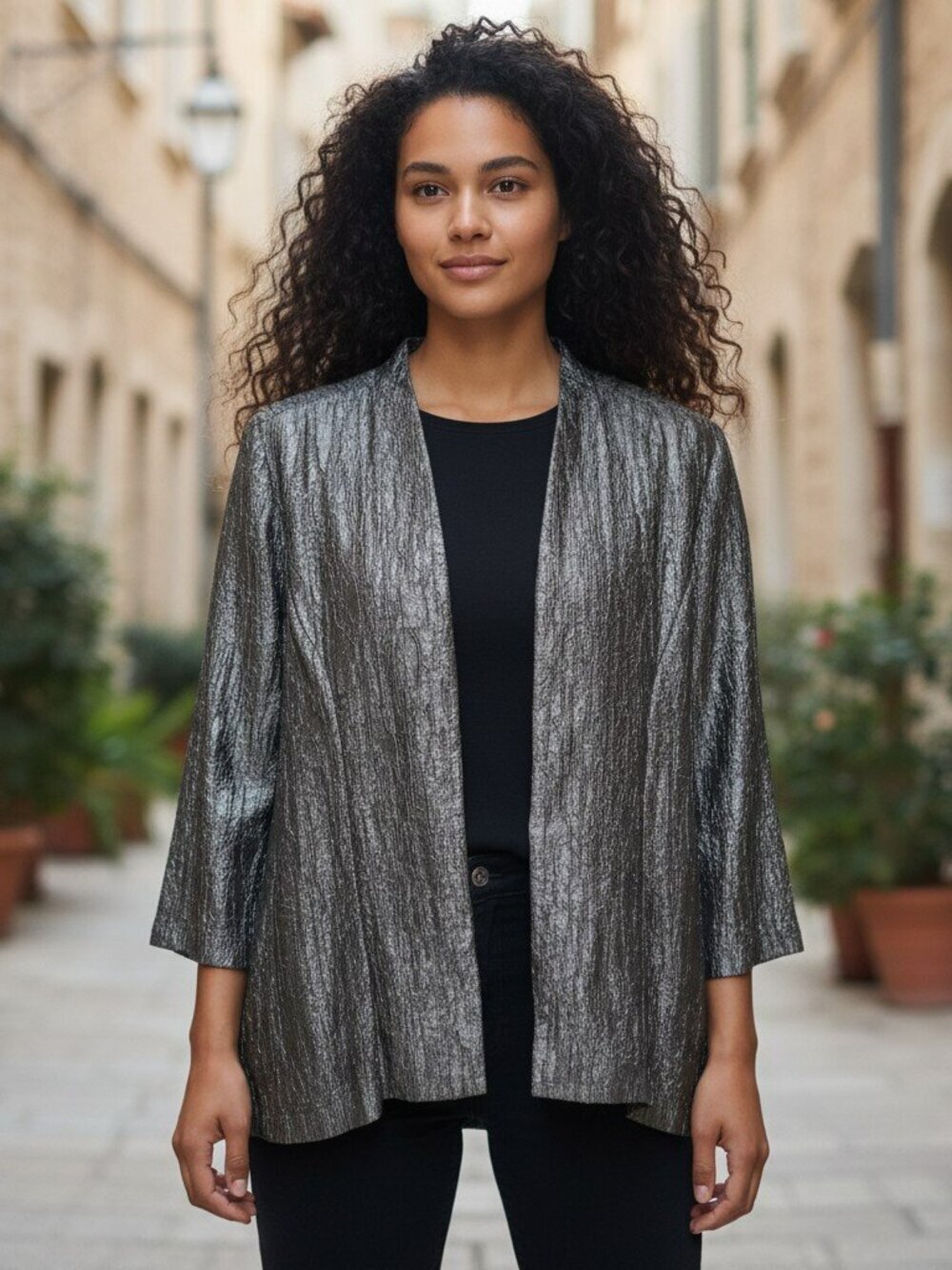 Coldwater Creek Womens Large Pewter Silver Crinkle Jacket Open Blazer Stretchy